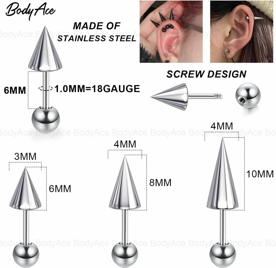 BodyAce Body Piercing Studs | Bodyace 18G Spike Cartilage Earrings, Stainless Steel Spike Stud Earrings For Men Women, Daith Helix Tragus Earrings Black Ear Piercing Jewelry