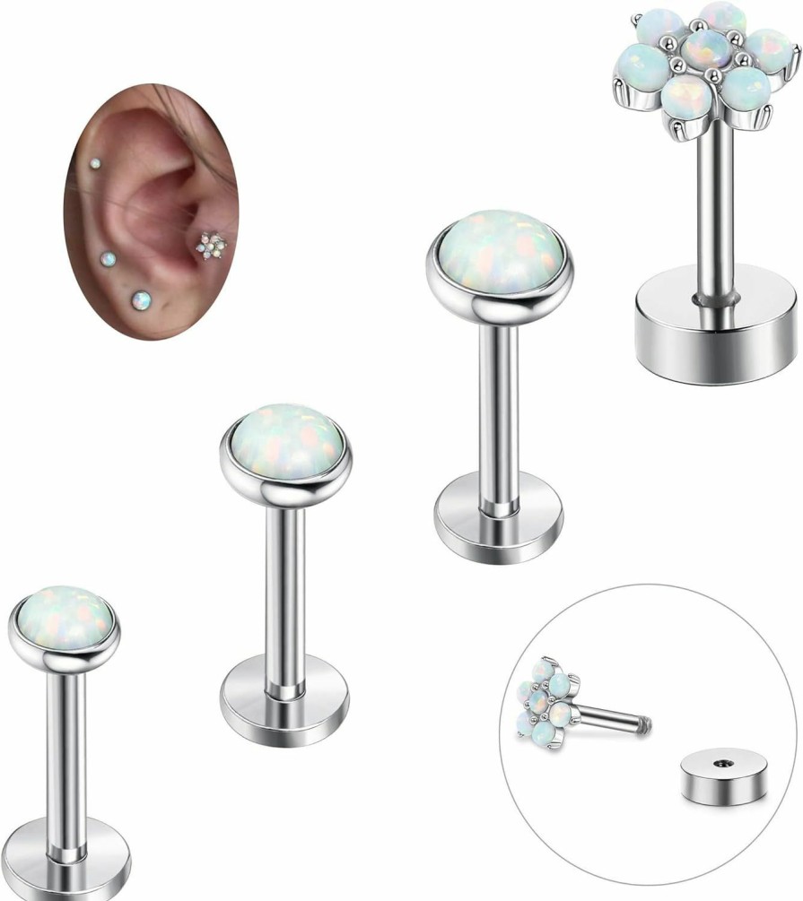 FIBO STEEL Body Piercing Studs | Fibo Steel 4 Pcs 16G Stainless Steel Cartilage Stud Earrings For Women Girls Daith Targus Helix Daith Conch Ear Monroe Piercing Jewelry 6-8Mm