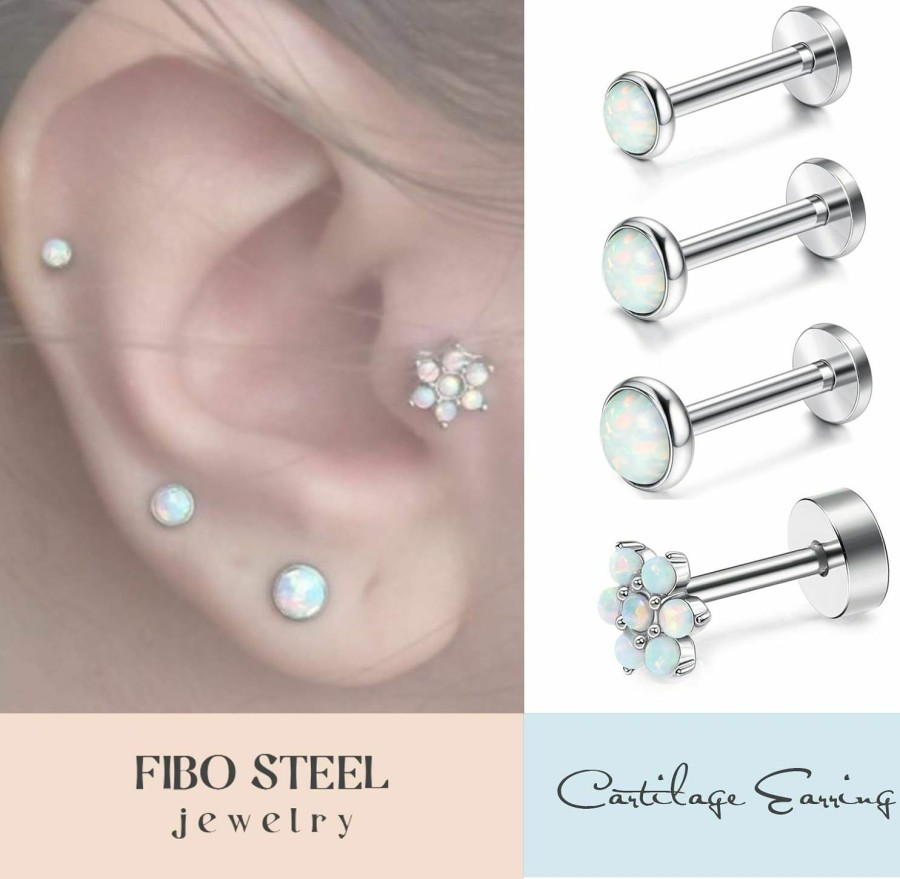 FIBO STEEL Body Piercing Studs | Fibo Steel 4 Pcs 16G Stainless Steel Cartilage Stud Earrings For Women Girls Daith Targus Helix Daith Conch Ear Monroe Piercing Jewelry 6-8Mm