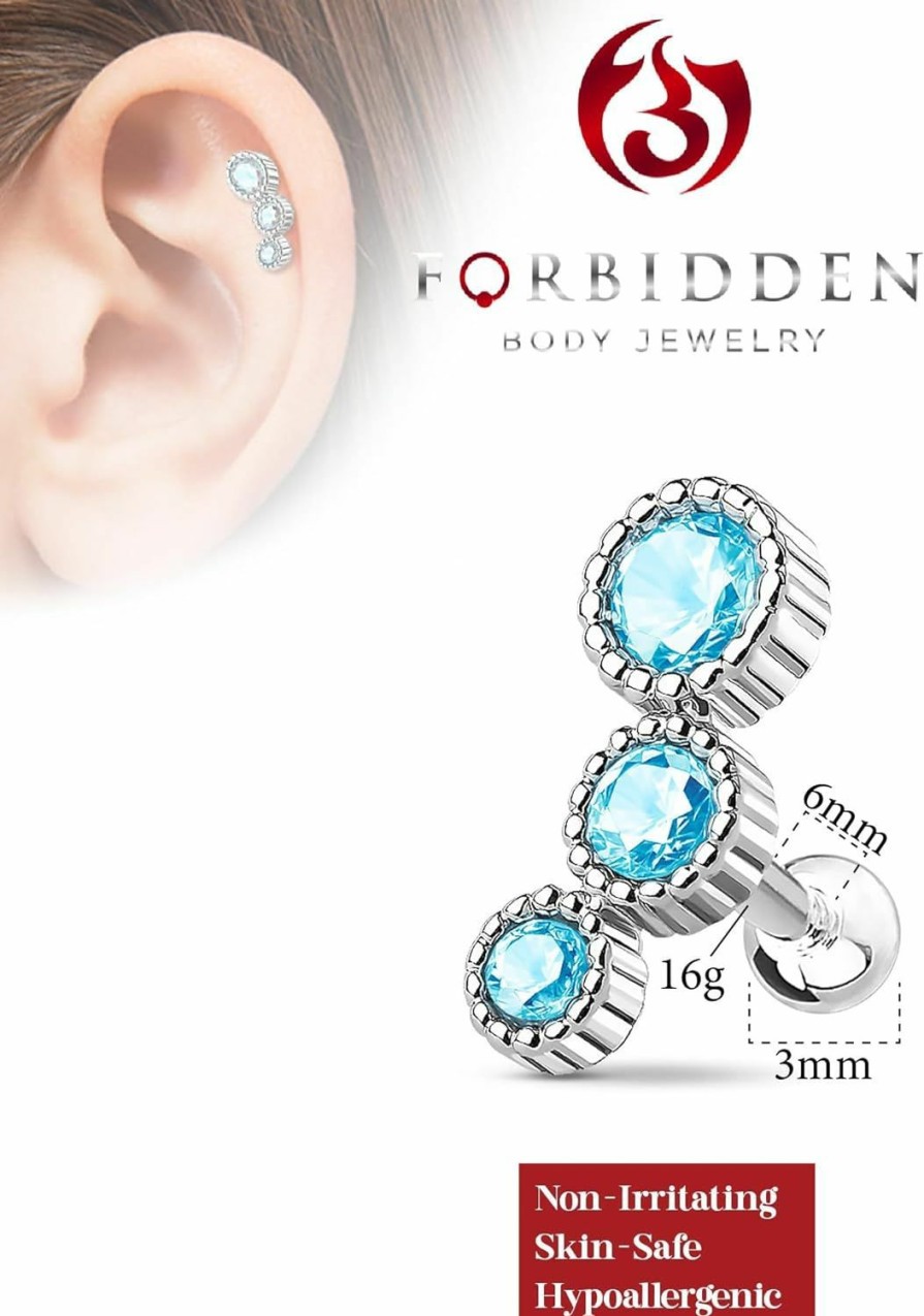 Forbidden Body Jewelry Body Piercing Studs | Forbidden Body Jewelry 16G Surgical Steel Cartilage Stud Earring With Curved Triple Round Cz Crystals