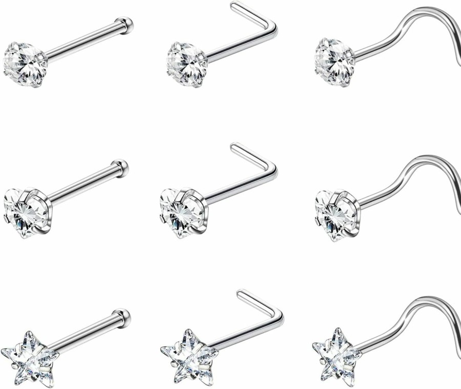 VERAMI Body Piercing Studs | Verami 20G Nose Ring Studs Surgical Stainless Steel Flower Butterfly Nose Rings Heart And Star Cz Nose Studs L Shaped S Shaped Straight Bar Body Piercing Jewelry For Women Men