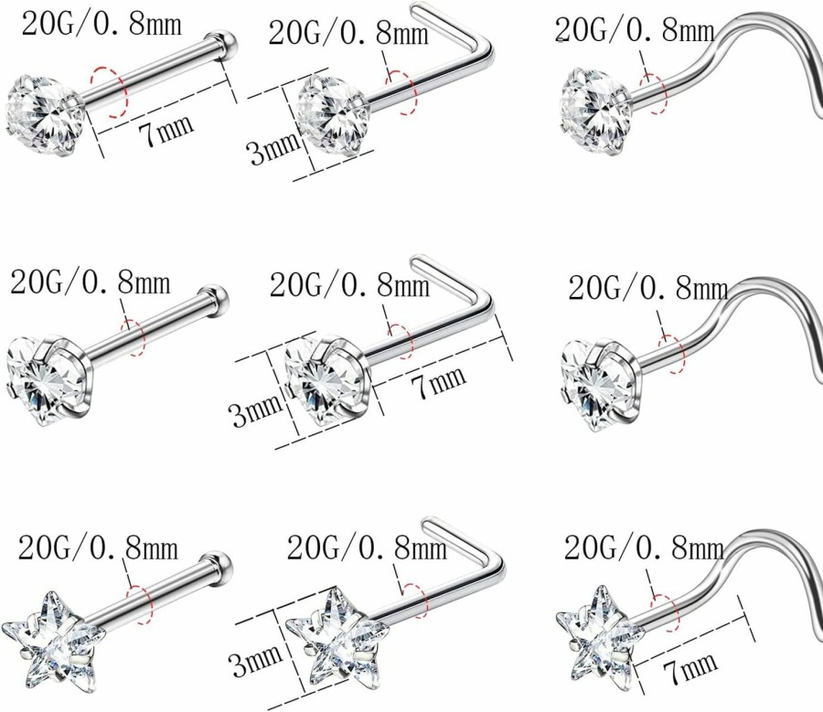 VERAMI Body Piercing Studs | Verami 20G Nose Ring Studs Surgical Stainless Steel Flower Butterfly Nose Rings Heart And Star Cz Nose Studs L Shaped S Shaped Straight Bar Body Piercing Jewelry For Women Men