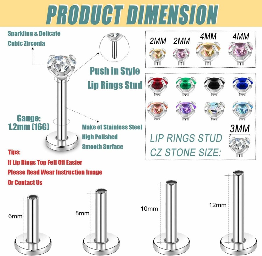 BodyAce Body Piercing Studs | Bodyace 16G Push-In Lip Rings Tragus Earrings, Threadless Labret Studs Monroe Medusa Piercing Jewelry, Conch Helix Cartilage Earrings For Women Men