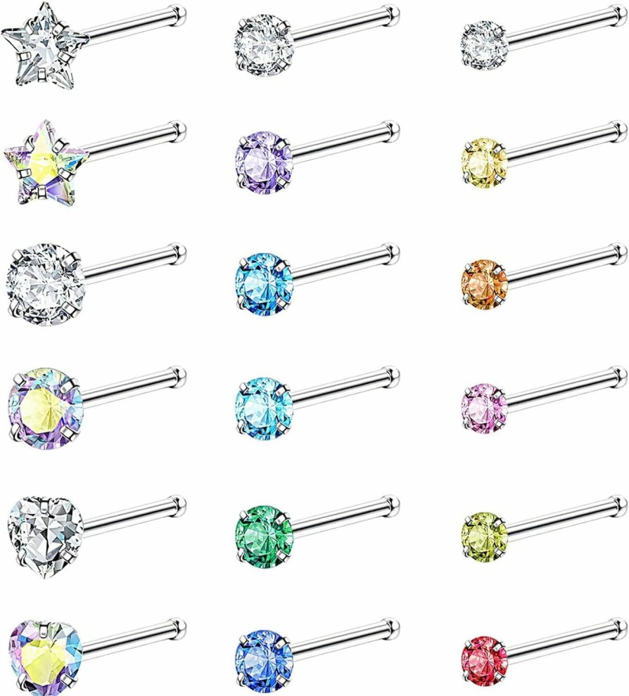 ZZHDCC Body Piercing Studs | Zzhdcc Nose Studs 20G 316L Surgical Steel Nose Rings Studs For Women Men Lip Cartilage Nose Piercing Jewelry 18Pcs Colorful Cz Heart Star L Shaped Nose Rings