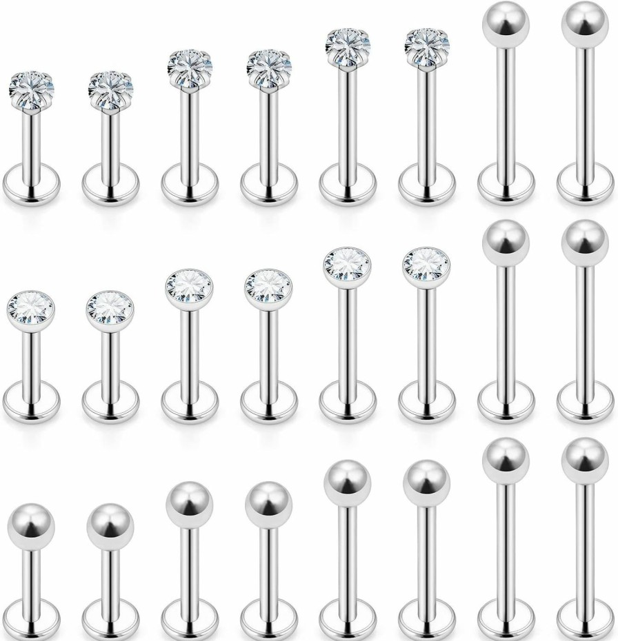 Uqnwbdq Body Piercing Studs | Uqnwbdq 16G Lip Labret Monroe Rings Studs Surgical Steel Tragus Helix Cartilage Earring Stud Rings Piercing Jewelry Bar Length 6Mm 8Mm 10Mm 12Mm Silver 24Pcs