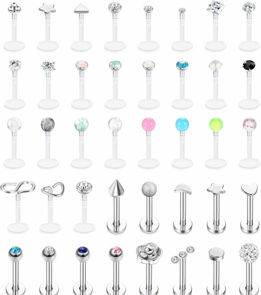 FIBO STEEL Body Piercing Studs | Fibo Steel 16G Forward Helix Monroe Labret Lip Nose Studs For Men Women Stainless Steel&Clear Plastic Tragus Cartilage Stud Earrings Medusa Piercings Jewelry 40 Pieces