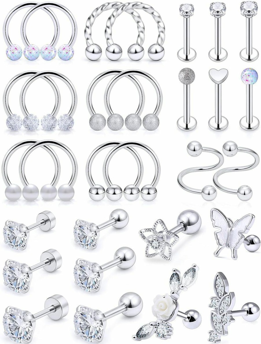 Yaalozei Body Piercing Studs | Yaalozei 30Pcs 16G Cartilage Earrings For Women Forwards Helix Earring Hoop Rook Daith Conch Tragus Earrings Stainless Steel Piercing Jewelry For Women Men