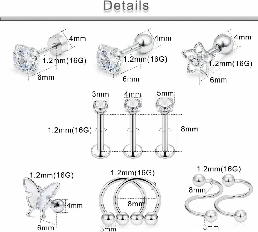 Yaalozei Body Piercing Studs | Yaalozei 30Pcs 16G Cartilage Earrings For Women Forwards Helix Earring Hoop Rook Daith Conch Tragus Earrings Stainless Steel Piercing Jewelry For Women Men