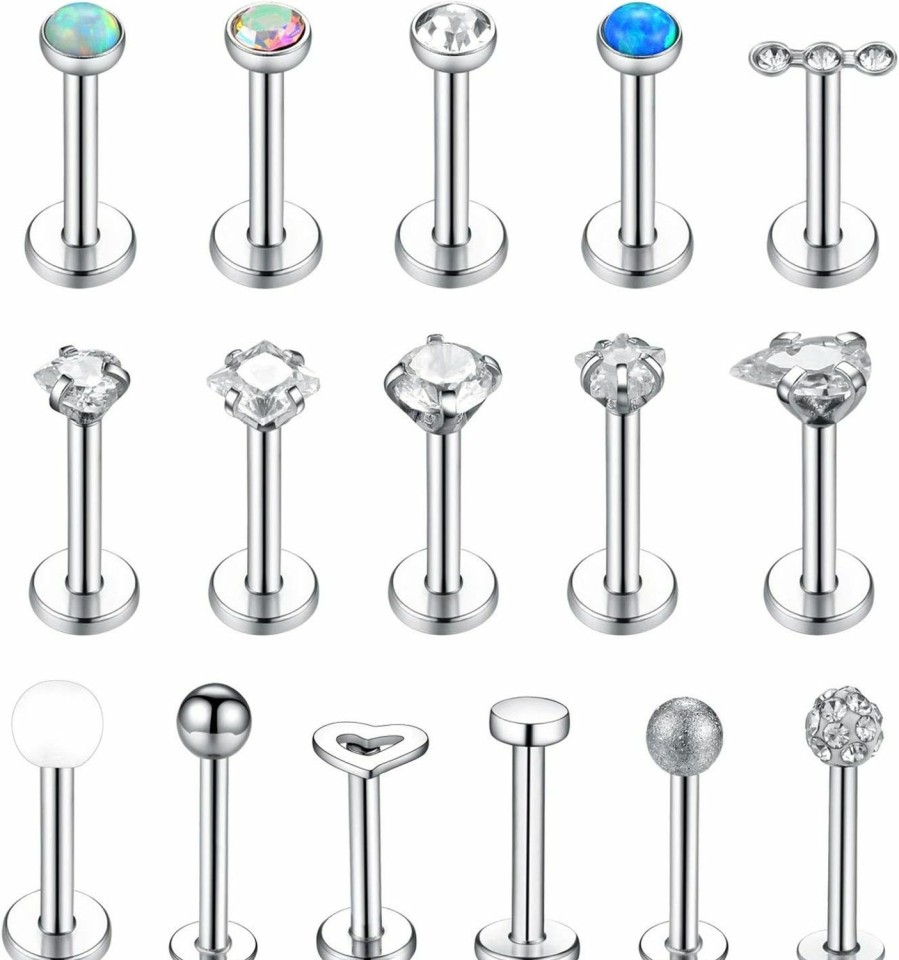 BodyJ4You Body Piercing Studs | Bodyj4You 16Pc Tragus Labret Nose Ring Bone Lip Stud Set 16G Surgical Steel Women Piercing Jewelry