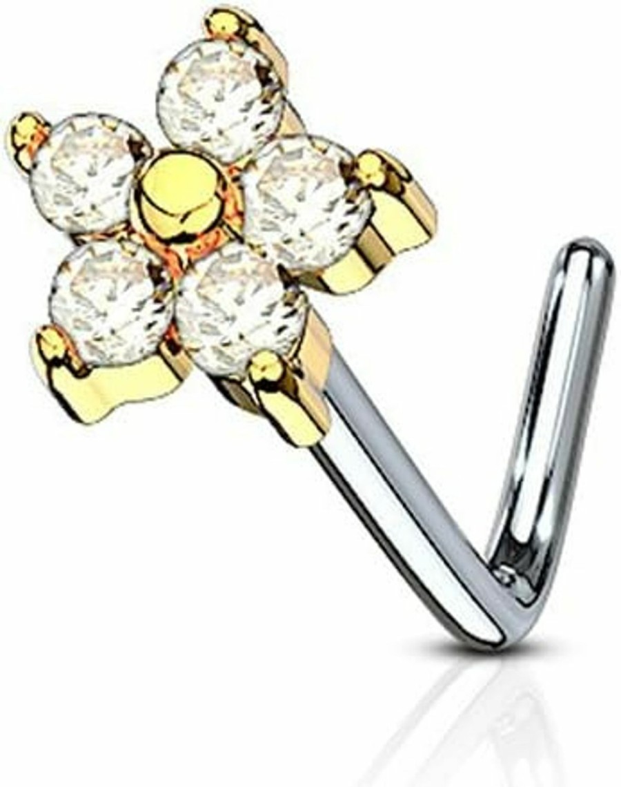 Forbidden Body Jewelry Body Piercing Studs | Forbidden Body Jewelry 20G Surgical Steel L Shaped Nose Ring With 5-Cz Flower Top