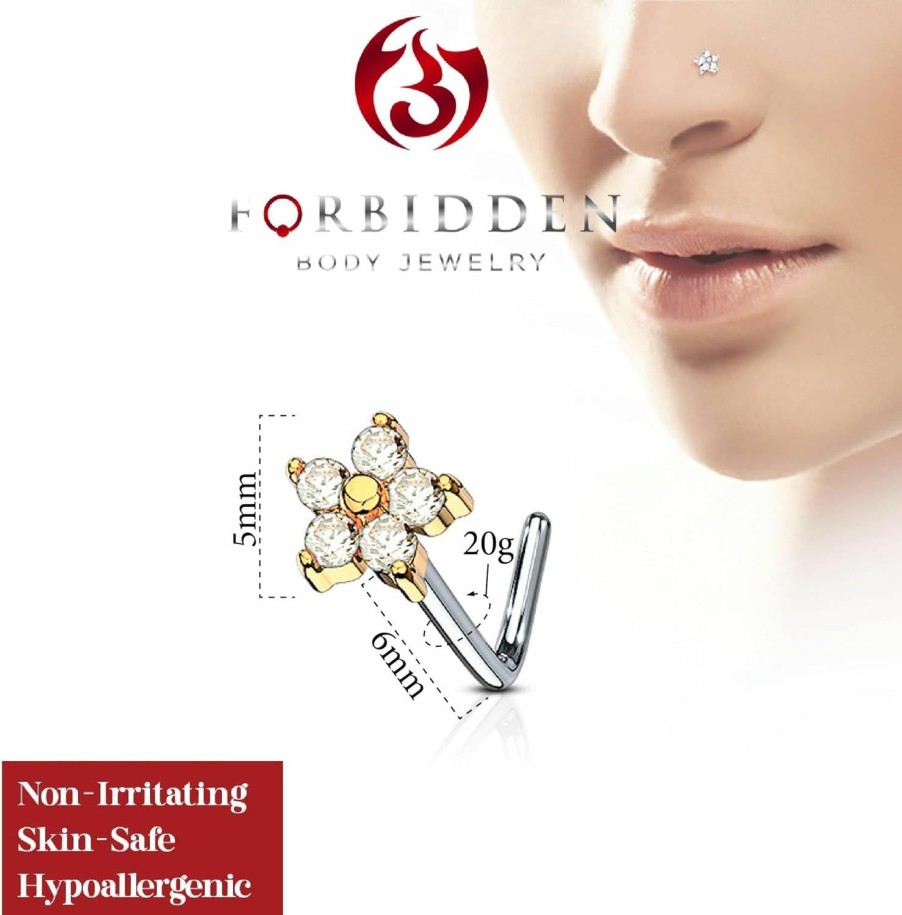 Forbidden Body Jewelry Body Piercing Studs | Forbidden Body Jewelry 20G Surgical Steel L Shaped Nose Ring With 5-Cz Flower Top