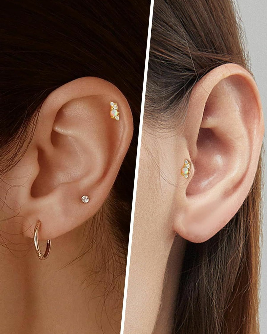 COCHARM Body Piercing Studs | Cocharm 14K Solid Gold Helix Earring Stud 16G Yellow Gold Cartilage Tragus Piercing White Opal Climb Conch Jewelry 6Mm 8Mm, Real Gold Helix Piercing Jewelry For Women