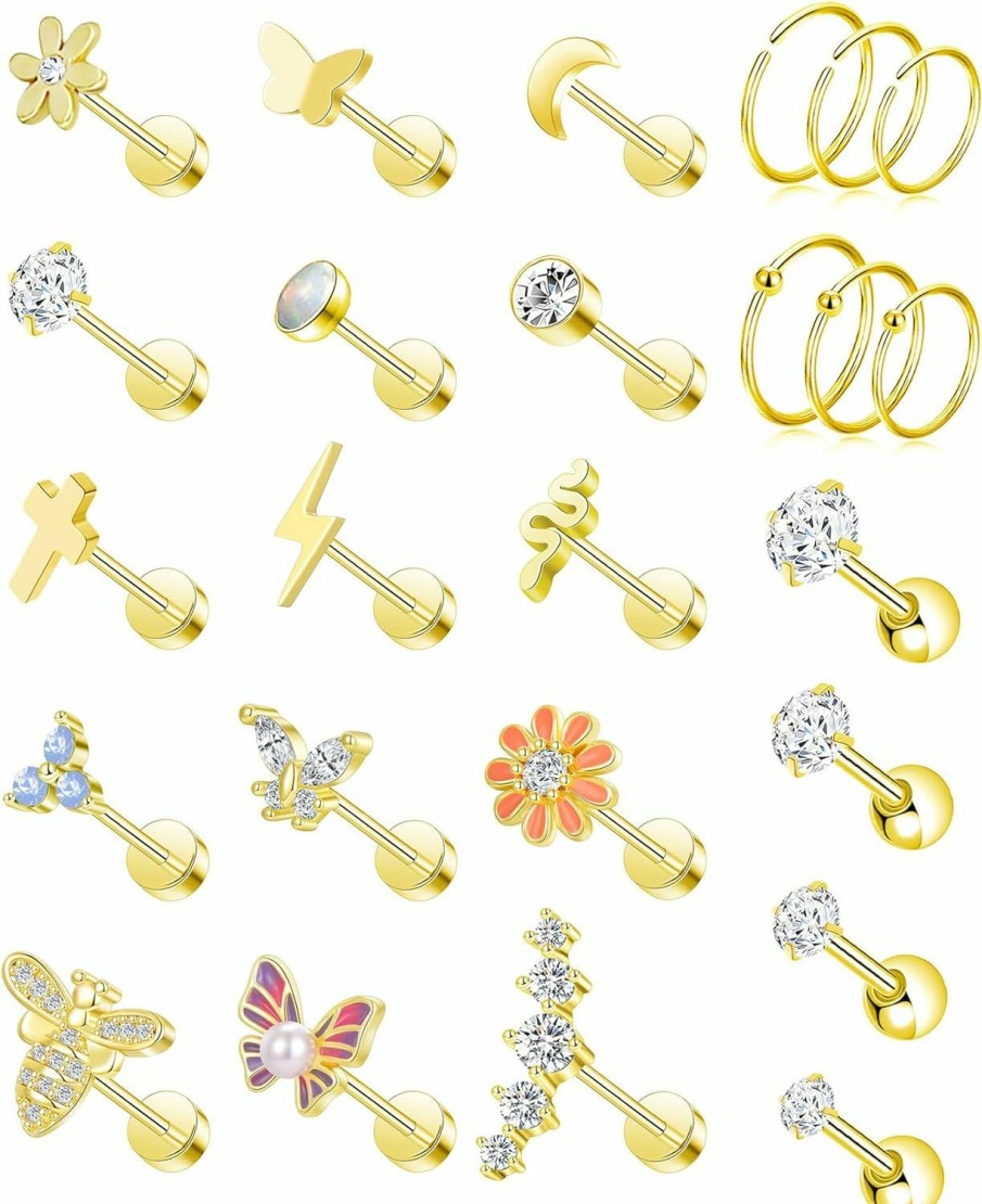 Akeoqi Body Piercing Studs | Akeoqi 25Pcs 16G Cartilage Earrings Stud For Women Men Stainless Steel Helix Conch Hoops Cz Opal Flower Butterfly Moon Lighting Snake Bee Cross Forward Rook Tragus Flat Screw Back Piercings Jewelry