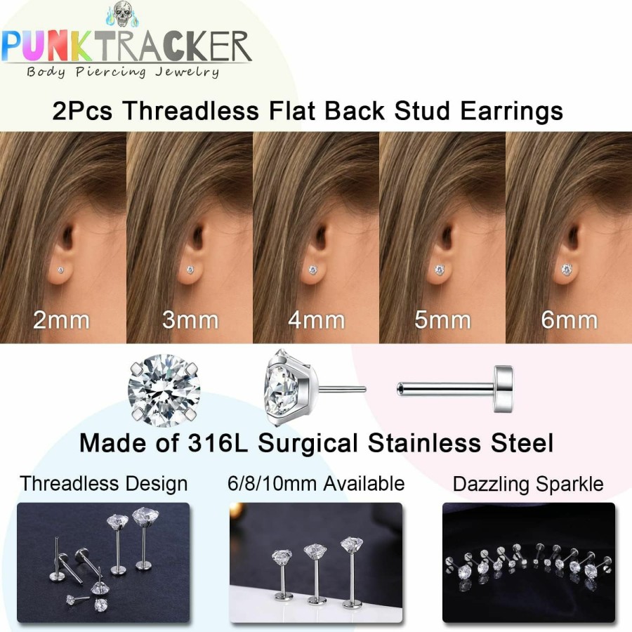 PunkTracker Body Piercing Studs | Punktracker 16G/18G/20G Threadless Piercing Jewelry For Tragus Nose Helix Conch Medusa Lip Labret - Surgical Steel Helix Earring Cartilage Tragus Earrings Stud Nose Studs For Women Men