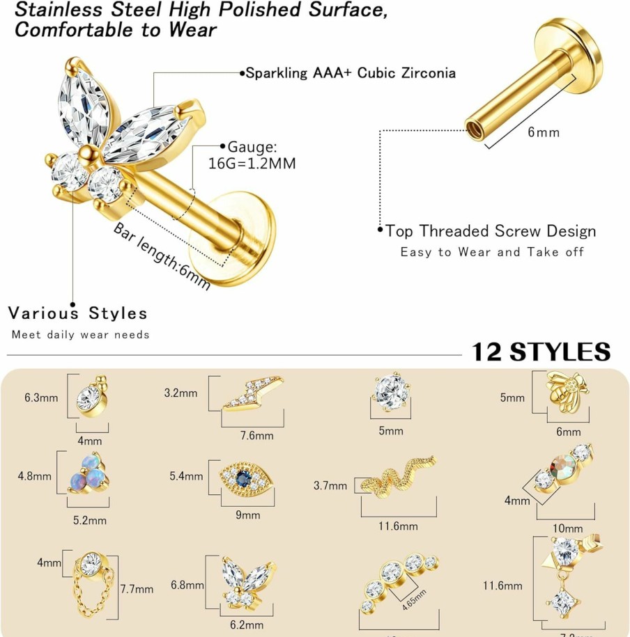 JeryWe Body Piercing Studs | Jerywe 12Pcs 16G Cartilage Earrings Stud For Women Surgical Steel Top Screw Flat Back Earrings Bee Butterfly Snake Evil Eye Opal Cz Cartilage Earrings Tragus Helix Piercing Jewelry