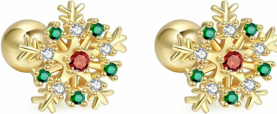 OIDIMS Body Piercing Studs | Christmas Snowflake Small Stud Earrings 18K Gold For Women Girls Tiny 20G Cartilage Screw Back Tragus Helix Barbell Piercing Body Dainty Cute Fashion Cubic Zirconia Jewelry Gifts Daughther Bff Birthday Xmas