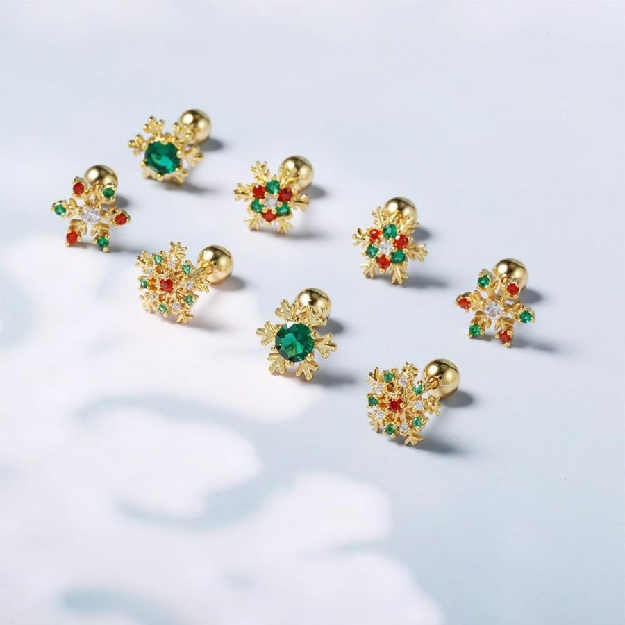 OIDIMS Body Piercing Studs | Christmas Snowflake Small Stud Earrings 18K Gold For Women Girls Tiny 20G Cartilage Screw Back Tragus Helix Barbell Piercing Body Dainty Cute Fashion Cubic Zirconia Jewelry Gifts Daughther Bff Birthday Xmas