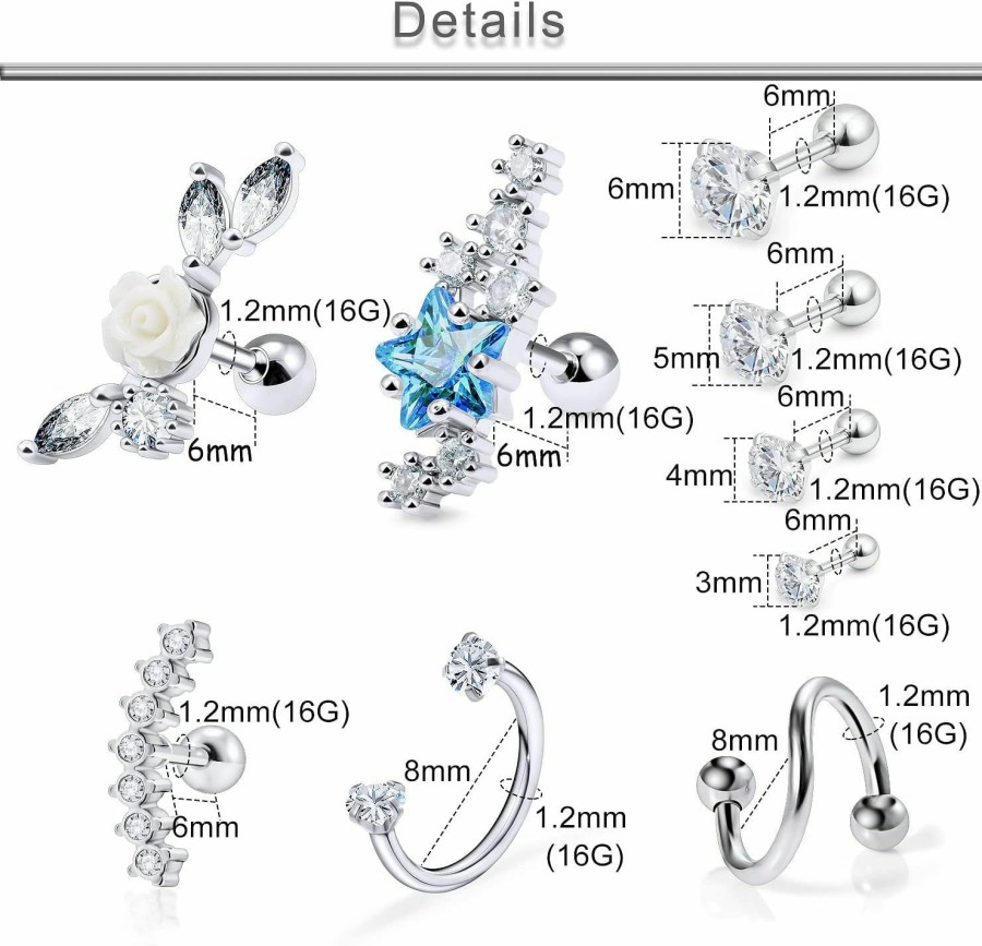 Yaalozei Body Piercing Studs | Yaalozei 16G Cartilage Earrings For Women Forwards Helix Earring Hoop Rook Daith Conch Tragus Earrings Hypaollergenic Surgical Steel Hoop Lobe Earrings Piercing Jewelry For Women Men