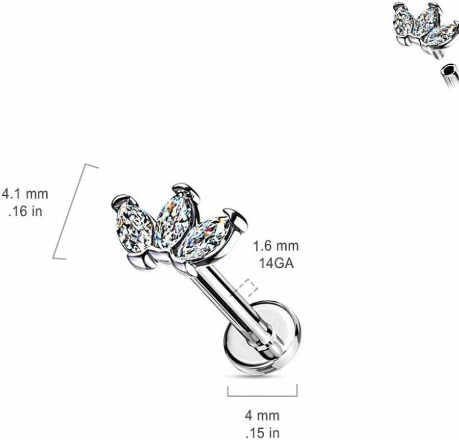 Pierced Owl Body Piercing Studs | Pierced Owl - 16G Stainless Steel Internally Threaded Triple Marquise Cz Crystal Top Flat Back Lip Cartilage Tragus Stud