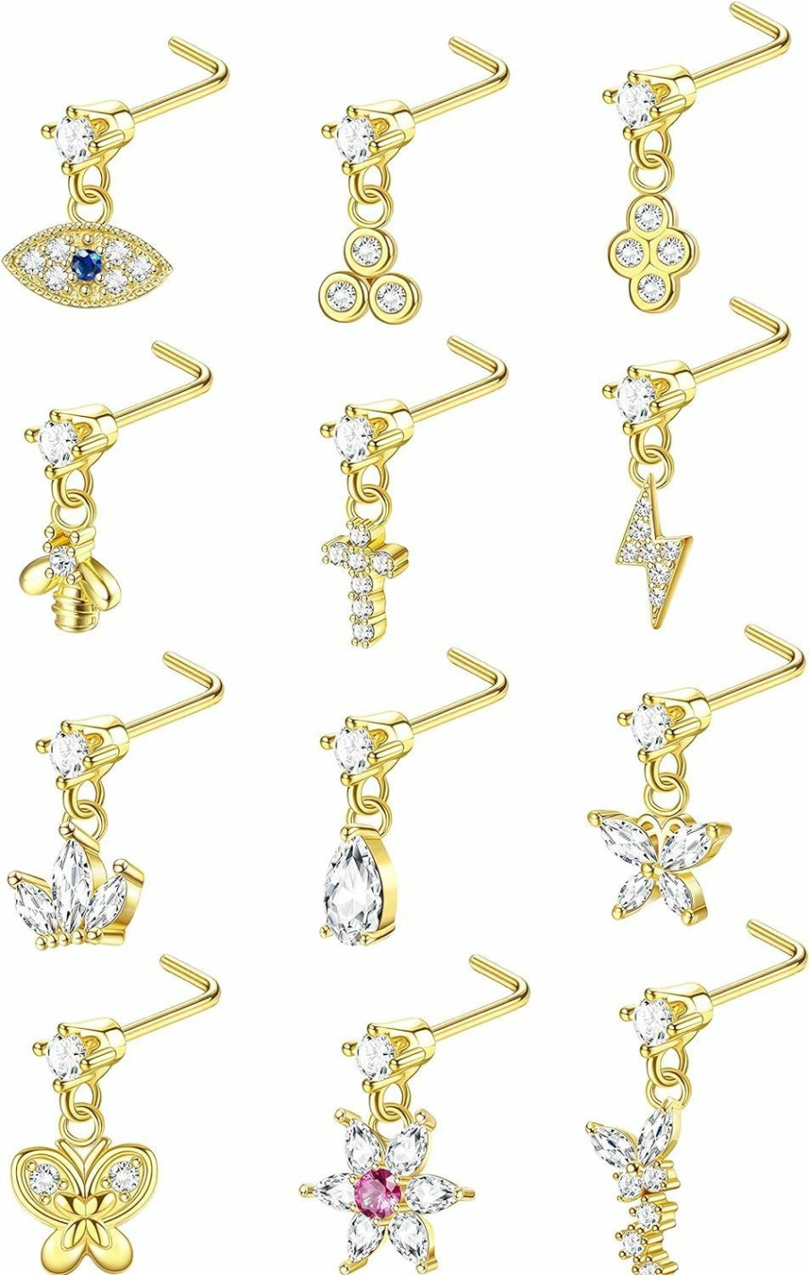 Subiceto Body Piercing Studs | Subiceto 12Pcs 20G Dangle Nose Rings Studs For Women Stainless Steel L Shaped Nose Studs Butterfly Cz Evil Eye Dangling Nostrial Nose Piercing Jewelry