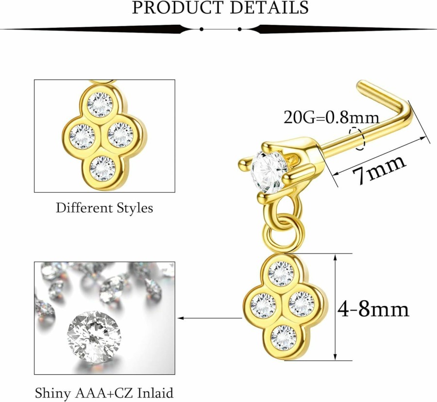 Subiceto Body Piercing Studs | Subiceto 12Pcs 20G Dangle Nose Rings Studs For Women Stainless Steel L Shaped Nose Studs Butterfly Cz Evil Eye Dangling Nostrial Nose Piercing Jewelry