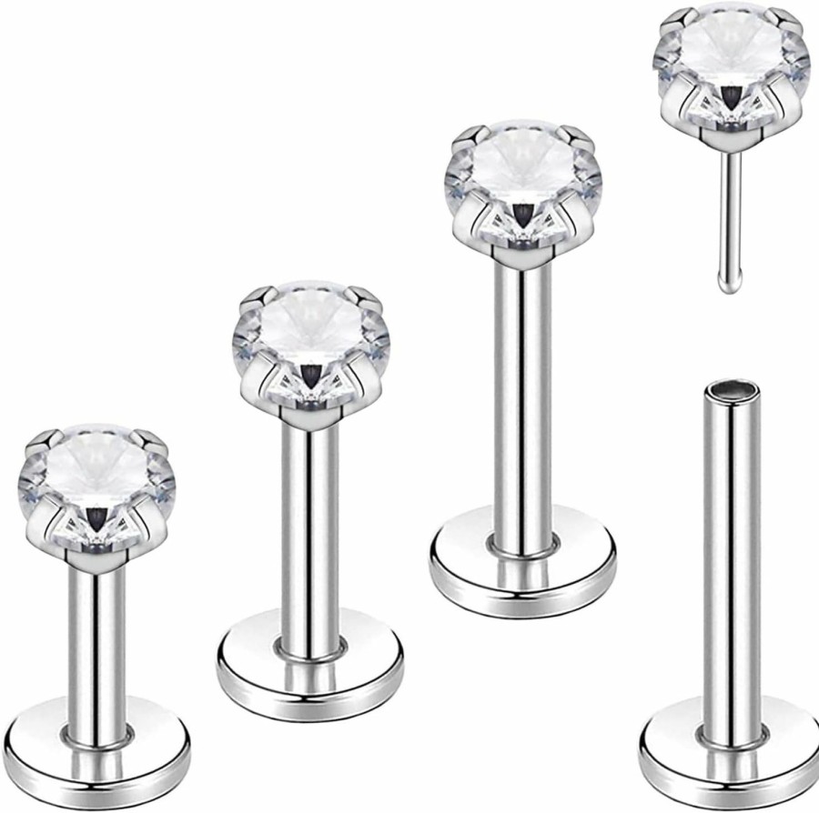 SQKXKLCZ Body Piercing Studs | 4Pcs G23 Titanium 20G/18G/16G 6Mm 8Mm 10Mm 12Mm Press Fit Threadless Push Pop 2Mm/3Mm/4Mm Prong Cz Top 4Mm Flat Back Piercing Lip Stud Earring Labret Monroe Lip Ring Tragus Cartilage Earring Stud