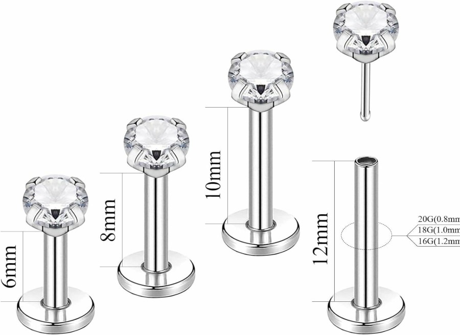 SQKXKLCZ Body Piercing Studs | 4Pcs G23 Titanium 20G/18G/16G 6Mm 8Mm 10Mm 12Mm Press Fit Threadless Push Pop 2Mm/3Mm/4Mm Prong Cz Top 4Mm Flat Back Piercing Lip Stud Earring Labret Monroe Lip Ring Tragus Cartilage Earring Stud