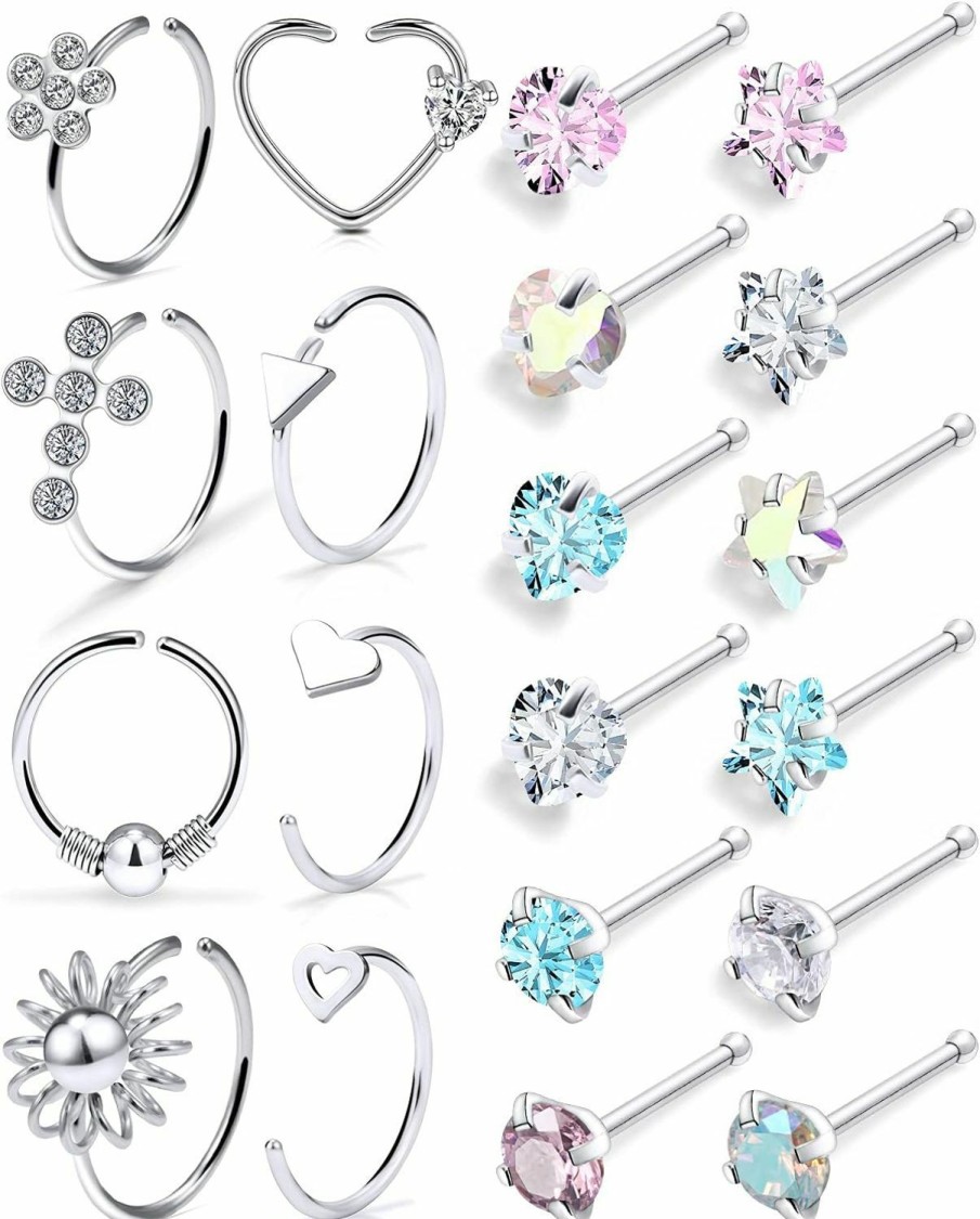 Kridzisw Body Piercing Studs | Kridzisw 18G 20G Nose Rings Hoop Stainless Steel L-Shaped Nose Rings Studs Screw Clear Clicker Retainer Tragus Cartilage Helix Earrings Piercing Hoop 36Pcs