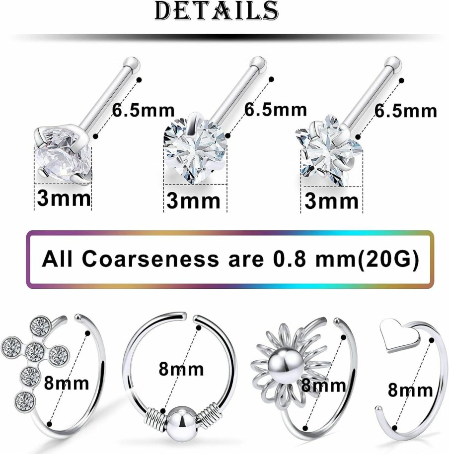 Kridzisw Body Piercing Studs | Kridzisw 18G 20G Nose Rings Hoop Stainless Steel L-Shaped Nose Rings Studs Screw Clear Clicker Retainer Tragus Cartilage Helix Earrings Piercing Hoop 36Pcs