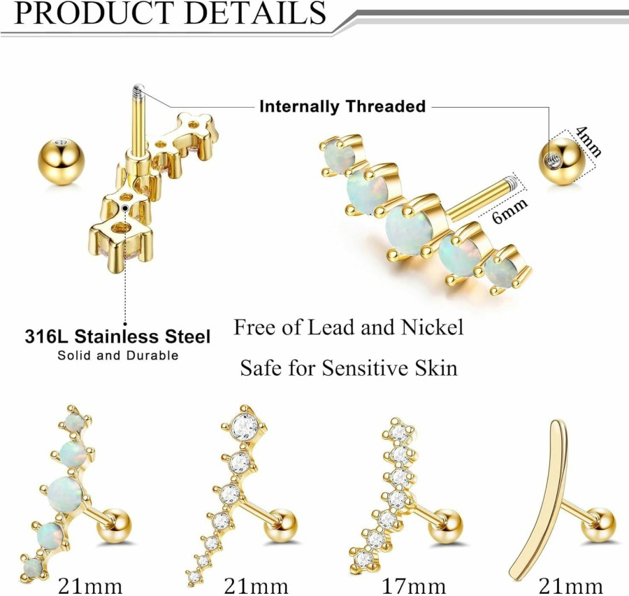 FIBO STEEL Body Piercing Studs | Fibo Steel 4 Pcs 16G Cartilage Stud Earrings For Women Opal Cz Bar Helix Conch Daith Piercing Jewelry Set