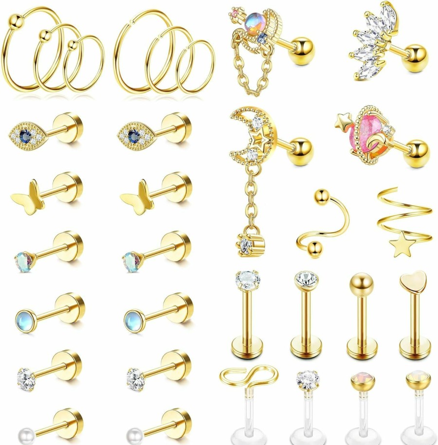 FINREZIO Body Piercing Studs | Finrezio 32Pcs Cartilage Earrings Stud For Women Men Stainless Steel Cartilage Stud Hoop Tragus Earring Cz Butterfly Evil Eye Cartilage Piercing Jewelry Hypoallergenic Helix Daith Tragus Conch Piercing Jewelry