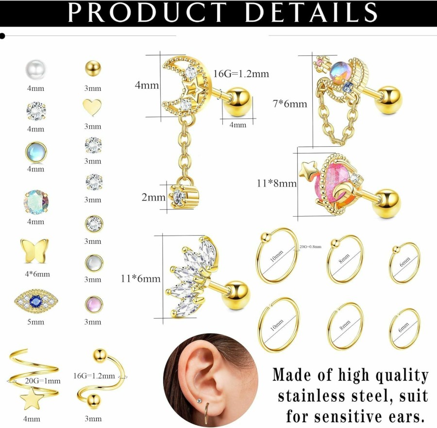 FINREZIO Body Piercing Studs | Finrezio 32Pcs Cartilage Earrings Stud For Women Men Stainless Steel Cartilage Stud Hoop Tragus Earring Cz Butterfly Evil Eye Cartilage Piercing Jewelry Hypoallergenic Helix Daith Tragus Conch Piercing Jewelry