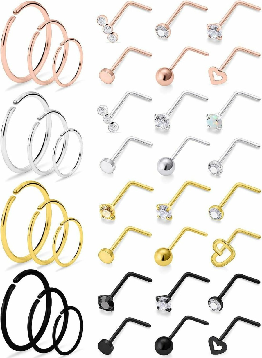 Lcolyoli Body Piercing Studs | Lcolyoli 18G 20G Nose Rings Studs L Shape Nose Ring Surgical Stainless Steel Nose Rings Hoop Diamond Heart Hypoallergenic Nostril Nose Piercing Jewelry For Women Men