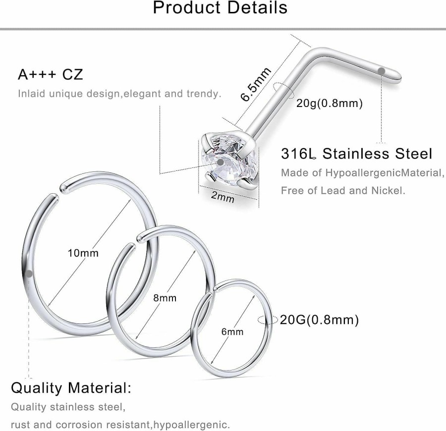 Lcolyoli Body Piercing Studs | Lcolyoli 18G 20G Nose Rings Studs L Shape Nose Ring Surgical Stainless Steel Nose Rings Hoop Diamond Heart Hypoallergenic Nostril Nose Piercing Jewelry For Women Men