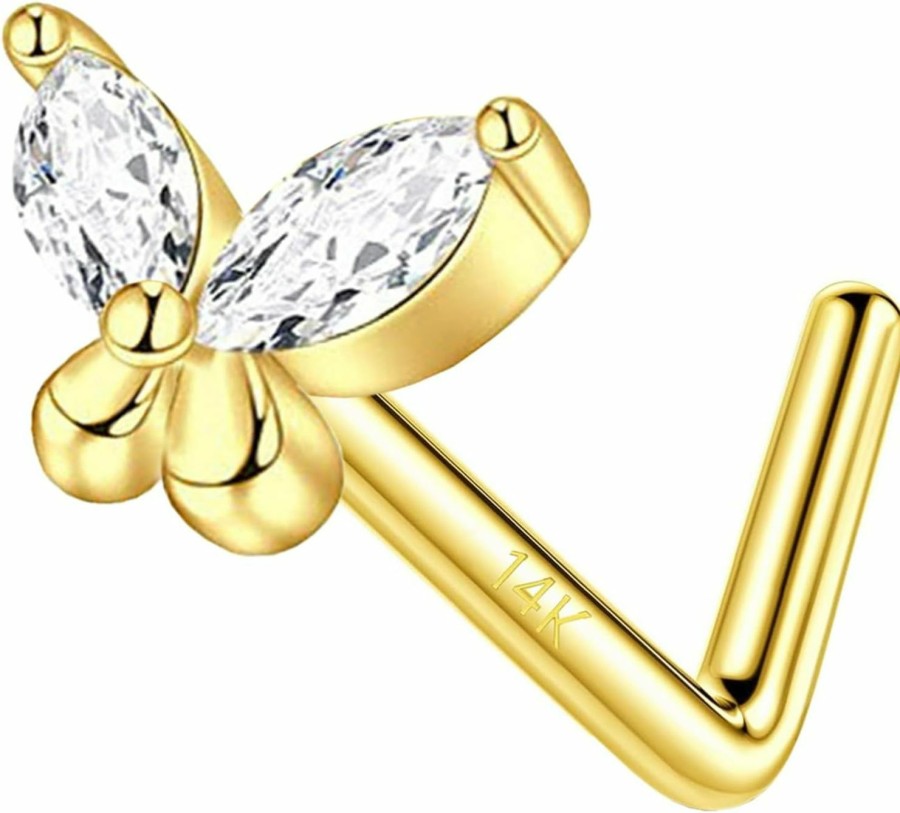 CHARMONLINE Body Piercing Studs | Charmonline 14K Solid Gold Butterfly Paw Nose Stud 20G Yellow Gold L Bend Nose Stud Nose Piercing 14K Real Gold Nose Stud Nose Ring Hypoallergenic Nose Piercing For Women Men