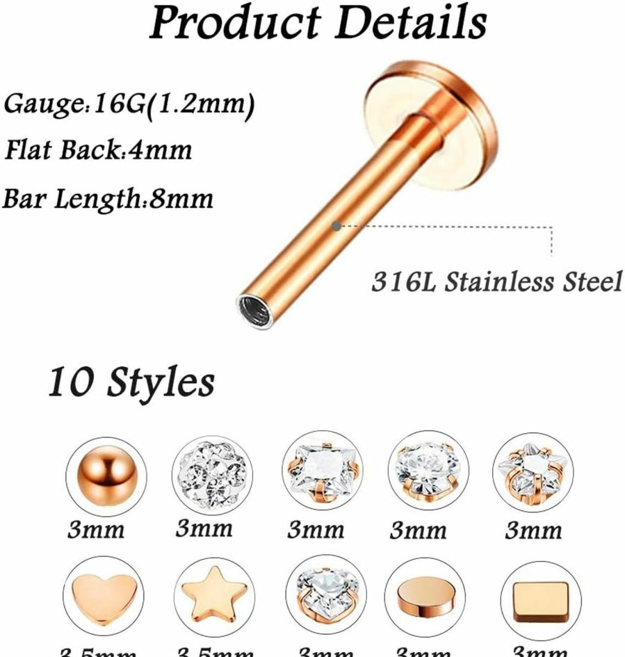 Udalyn Body Piercing Studs | Udalyn 20 Pcs Stainless Steel Labret Studs Lip Rings For Men Women Nose Studs Cartilage Earrings Tragus Helix Piercing Jewelry 16G