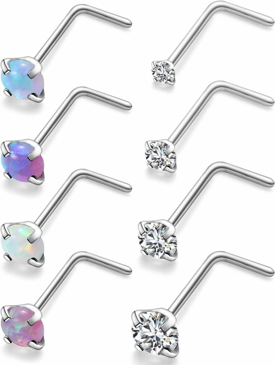 Yaalozei Body Piercing Studs | Yaalozei 22G 20G 18G G23 Titanium Nose Ring Studs Hypoallergenic L Shaped Nose Studs Multicolored Opal Nose Stud Silver Nostril Piercings Nose Piercing Jewerly For Women Men Cz 1.5Mm 2Mm 2.5Mm 3Mm