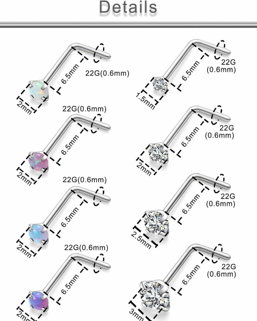 Yaalozei Body Piercing Studs | Yaalozei 22G 20G 18G G23 Titanium Nose Ring Studs Hypoallergenic L Shaped Nose Studs Multicolored Opal Nose Stud Silver Nostril Piercings Nose Piercing Jewerly For Women Men Cz 1.5Mm 2Mm 2.5Mm 3Mm