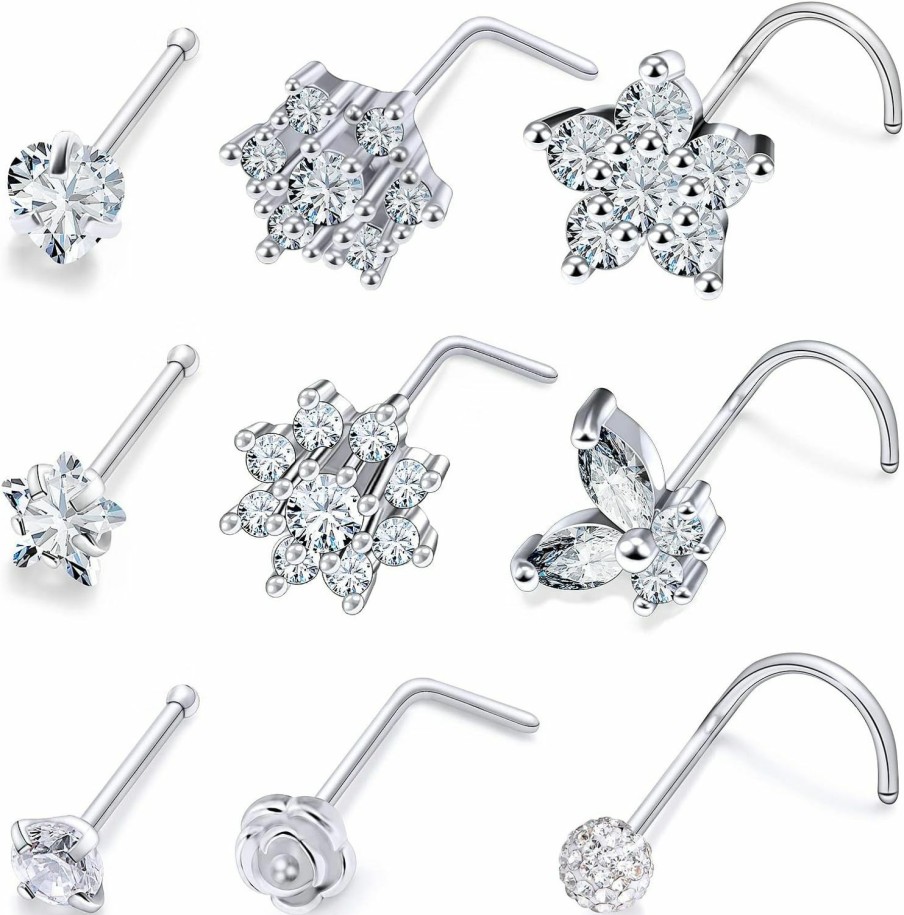 Lcolyoli Body Piercing Studs | Lcolyoli 9Pcs Assorted Styles Sparkly Crystal 20G Nose Rings Studs Surgical Steel High Nostril Piercing Jewelry For Women Men