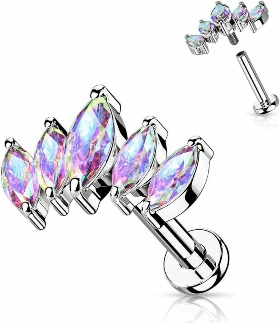 Dynamique Galerie Body Piercing Studs | Dynamique 5 Marquise Cz Fan Set Top With Internally Threaded All 316L Surgical Steel Flat Back Studs For Labret, Monroe, Cartilage (Sold Per Piece)