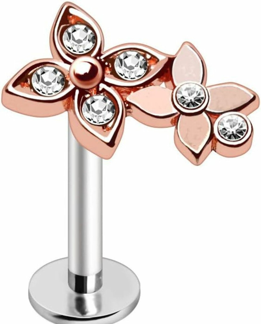 Amelia Fashion Body Piercing Studs | Amelia Fashion 16 Gauge Rose Gold Plated Jeweled Double Flower Labret Externally Threaded 316L Stainless Steel