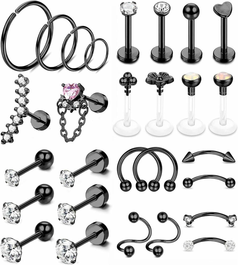 THUNARAZ Body Piercing Studs | Thunaraz 28Pcs 16G Cartilage Earring For Women Men Stainless Steel Tragus Helix Hoop Labret Conch Cz Stud Earrings Piercing Jewelry Set