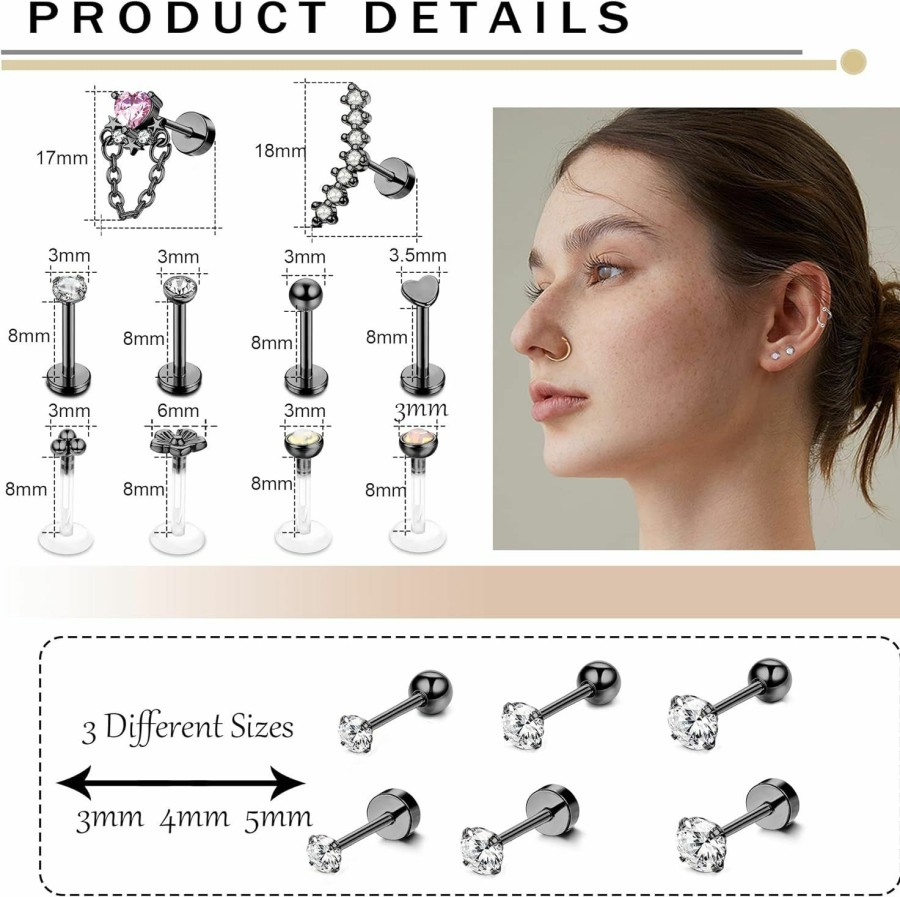 THUNARAZ Body Piercing Studs | Thunaraz 28Pcs 16G Cartilage Earring For Women Men Stainless Steel Tragus Helix Hoop Labret Conch Cz Stud Earrings Piercing Jewelry Set