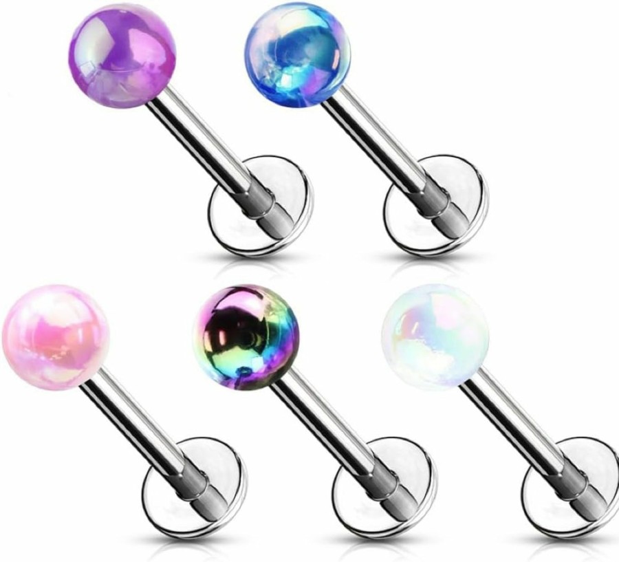 So Scene Body Piercing Studs | 5 Pcs 16G Pearlescent Flat Back Labret Monroe Tragus Earring Stainless Steel Studs Jewelry