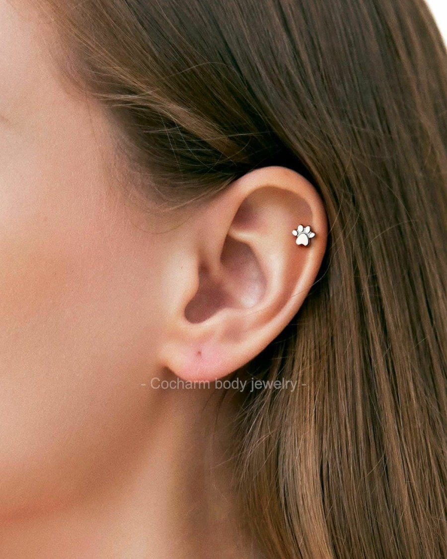 COCHARM Body Piercing Studs | Cocharm G23 Titanium Helix Earrings Stud 16G Flat Back Tragus Piercing 6Mm Paw Print Tragus Earrings 16 Gauge Internally Threaded Tragus Stud Hypoallergenic Helix Jewelry