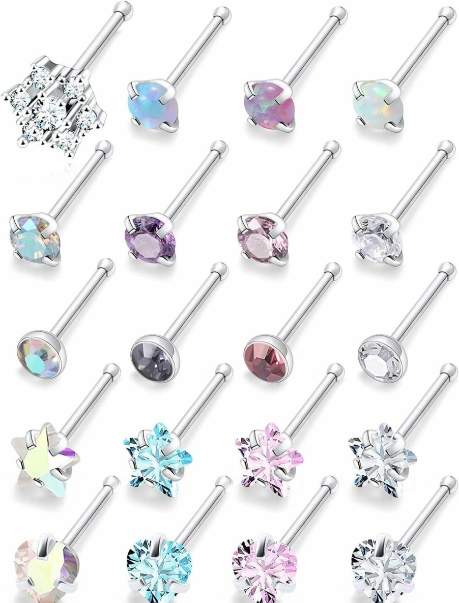 Kridzisw Body Piercing Studs | Kridzisw 20G 18G Push In Threadless Nose Rings Stud Stainless Steel Straight Heart Star Opal Nose Rings Piercing Jewelry For Women Men Girls Cz 2Mm 2.5Mm 3Mm 16Pcs-28Pcs