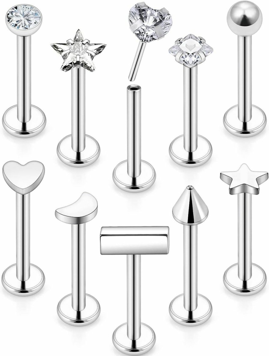 Vsnnsns Body Piercing Studs | Vsnnsns 20G 18G 16G Push In Lip Rings Stainless Surgical Steel Labret Jewelry Monroe Lip Rings Nail Cartilage Tragus Helix Earrings Studs Medusa Piercing Jewelry For Women Men Cubic Zirconia 10Pcs