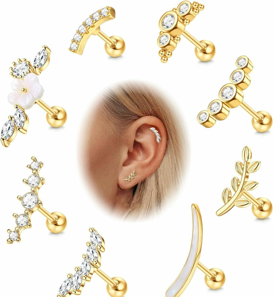 LOLIAS Body Piercing Studs | Lolias 8Pcs 16G Cartilage Earrings For Women, Cz Helix Earrings Stud,Flower Leaf Tragus Cartilage Helix Conch Piercing Jewelry Set For Sensitive Skins