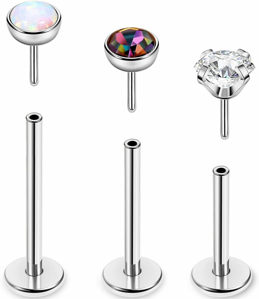 Vegolita Body Piercing Studs | Vegolita 16G 18G 20G 3Pcs G23 Titanium Push In Labret Monroe Stud Threadless Lip Ring Opal Cz Nose Stud Pure Titanium For Sensitive Skin Cartilage Helix Tragus Earrings Stud 6Mm 8Mm 10Mm