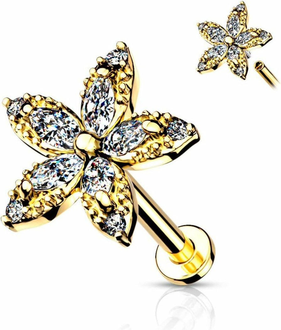 Amelia Fashion Body Piercing Studs | Amelia Fashion 16 Gauge Marquise Cz Flower Top Internally Threaded Flat Back Studs For Labret, Monroe, Cartilage, And More 316L Surgical Steel (Choose Color)